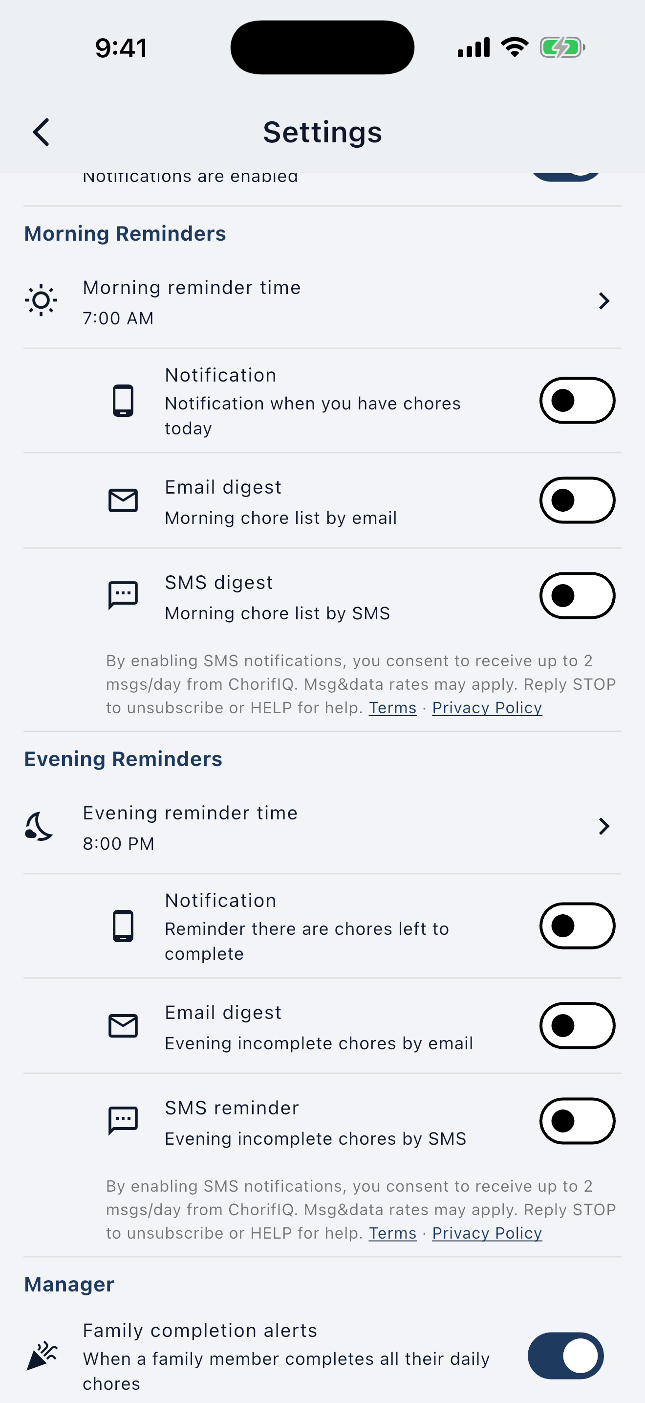 ChorifIQ Settings screen — SMS toggles off by default
