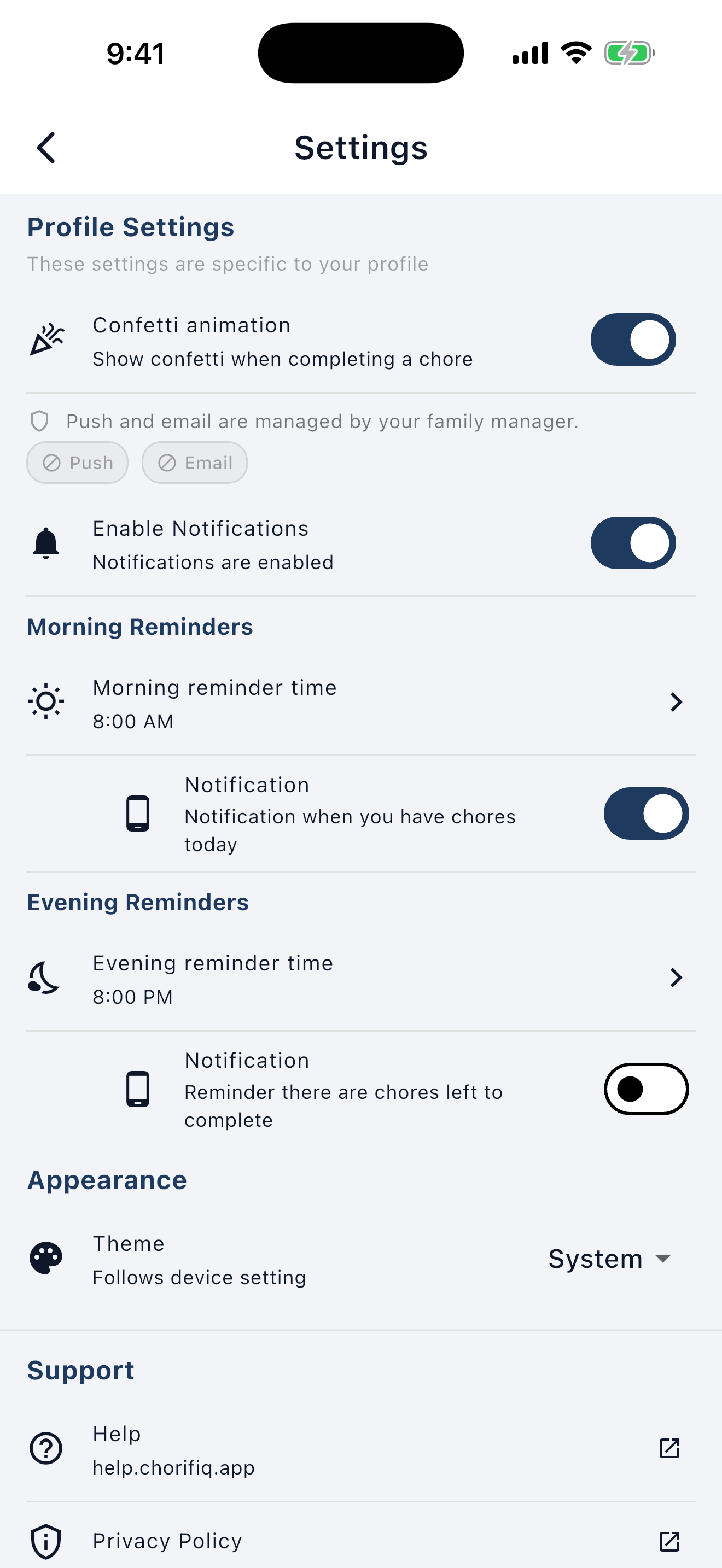 ChorifIQ Settings screen — minor account, SMS section absent