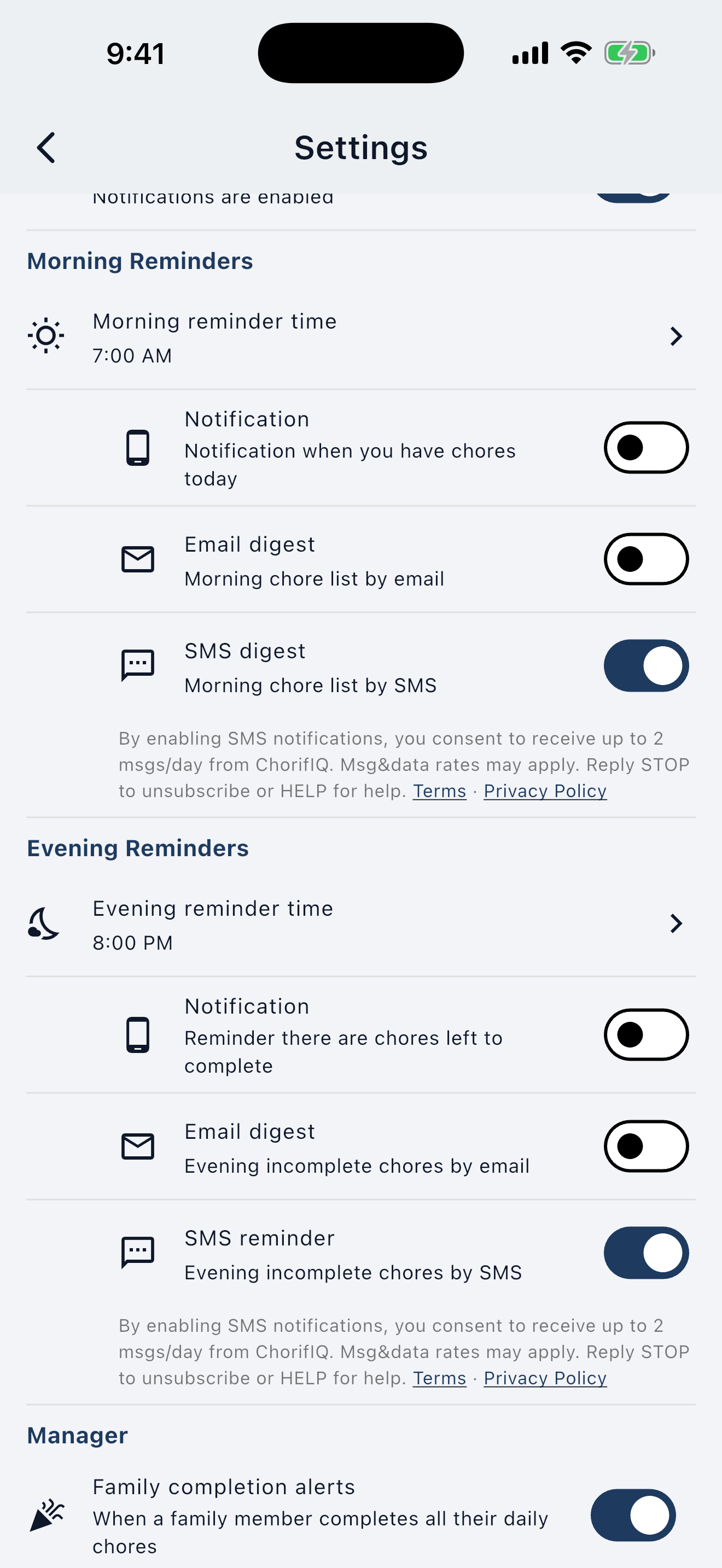 ChorifIQ Settings screen — SMS toggles enabled (opted in)