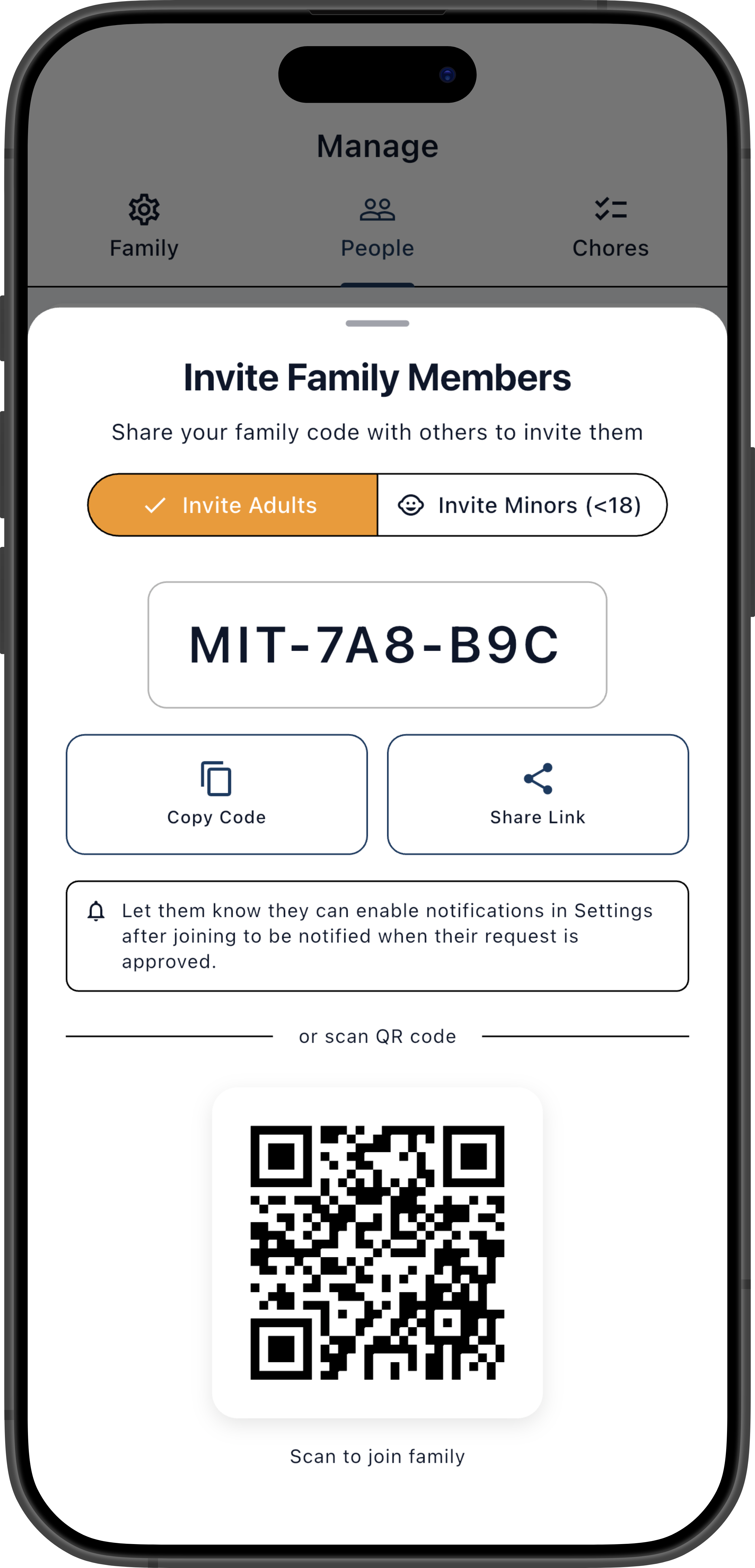 QR code invite screen